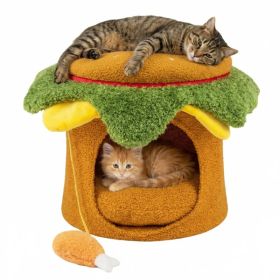 Cheeseburger Theme Cat Nest (Yellow+Green), Cute Burger Shape With Fried Chicken Plush Toy, No Assembly Needed